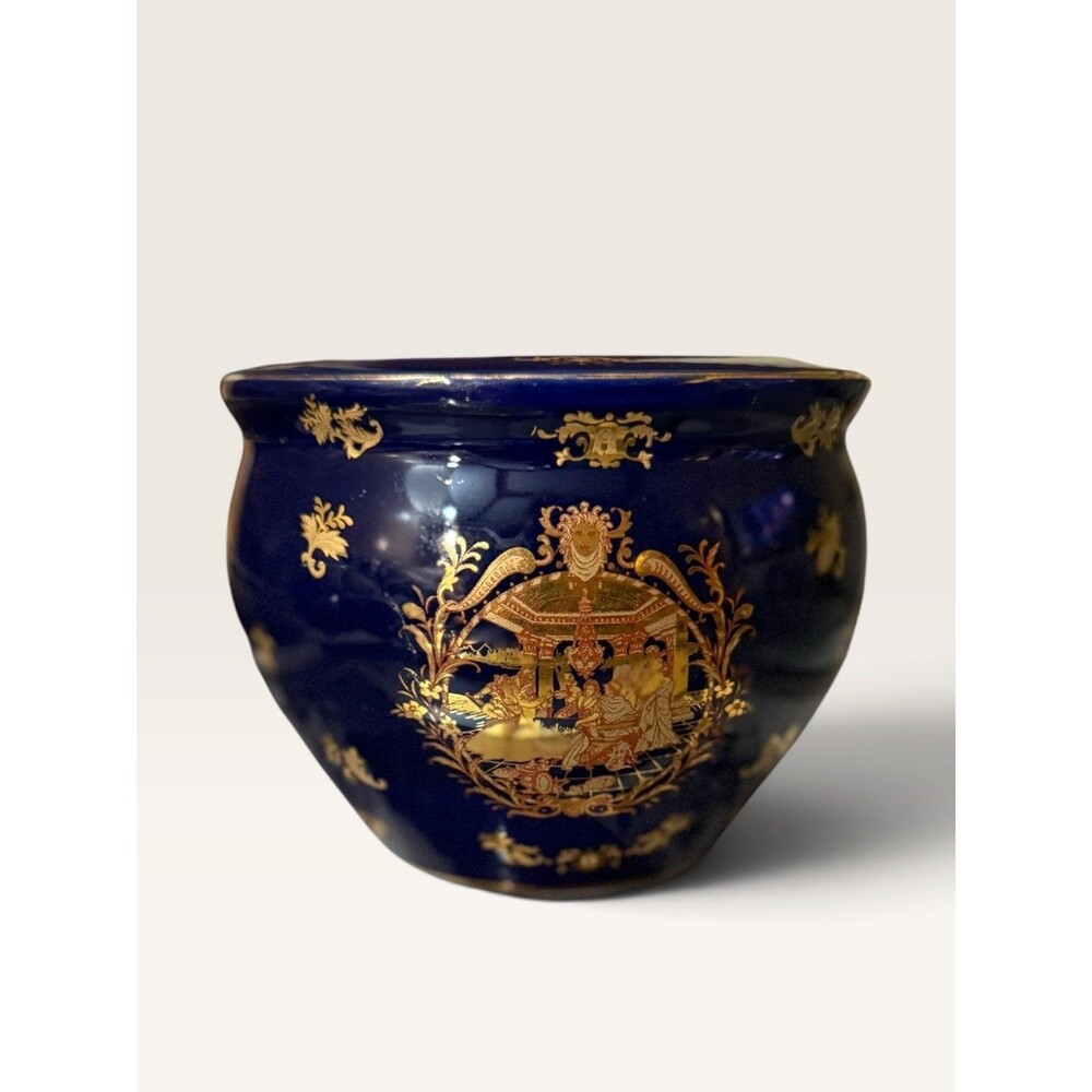 Vintage Cobalt Blue Gold Gilt Cachepot Planter Bowl Made in China Jardinière